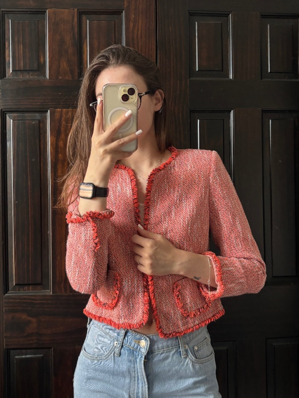 Tahari Arthur S. Levine Women’s Size 6 Coral Tweed Fringe Open Front Jacket